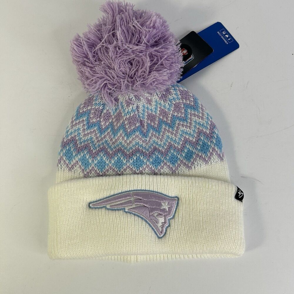 '47 Brand New England Patriots Girls Youth White/Purple Elsa Cuffed Knit Beanie